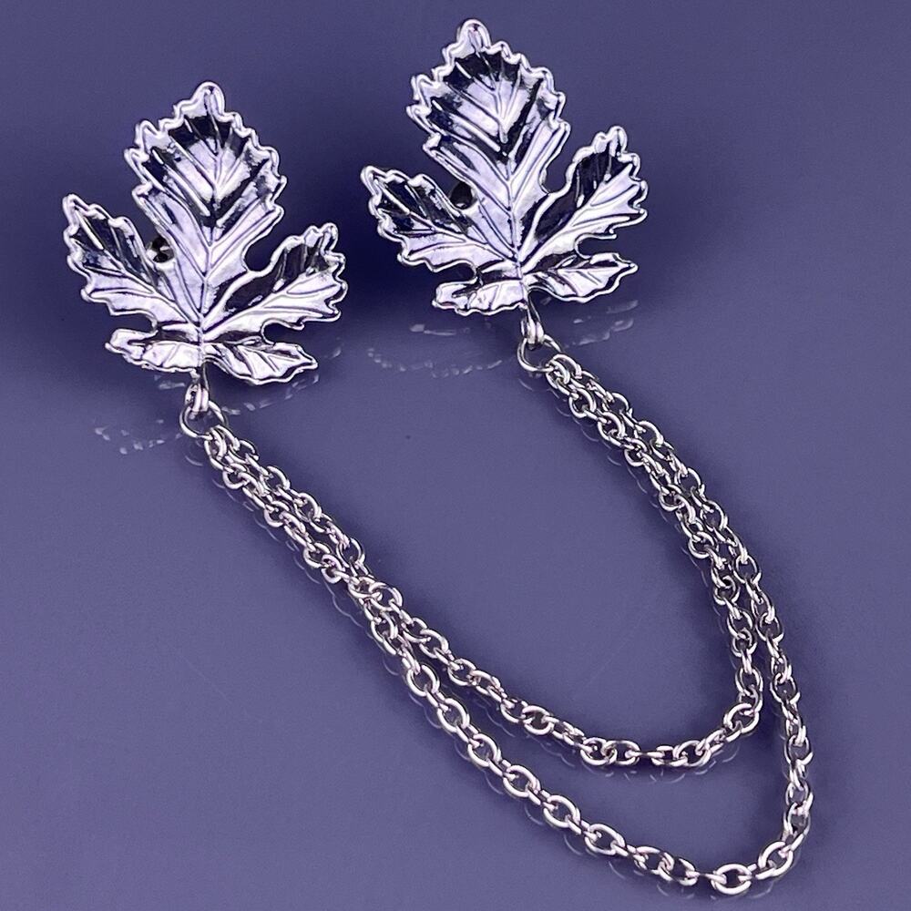 Large Maple Leaf Collar Double Chain Shirt Sweater Blouse Silver Tone 5" Long